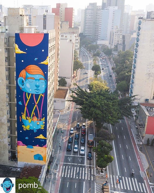 @pomb_ -  Resultado final da empena na Consolação. Mural realizado com a @veloebr , muito obrigado pelo convite, confiança e amizade nessa jornada.Foram 10 dias de muita tinta, muita altura e muitas risadas! Poder pintar nessas dimensões, 45x10m, foi realmente um desafio, mas também emocionante poder colocar um trabalho seu nessas dimensões numa das avenidas mais clássicas de SP, até a minha vozinha colou pra ver!  @dionisioarte obrigado por todo suporte, produção e profissionalismo, vocês são foda! Vida longa! Eu também tive muita sorte com todo suporte técnico e braçal, que time foda! @adriano.vespa @negast123 e @o_fat1 , sem palavras, muito obrigado mesmo! Foi um privilégio poder fazer esse trampo com vocês e ter tido toda essa vivência! Obrigado! 🏼Valeu demais pelo apoio e incentivo de todas as pessoas e amigos que jogaram as melhores energias durante esse mural! Tamo junto! Quem quiser ver ao vivo, o prédio fica na Consolação 927. #pomb