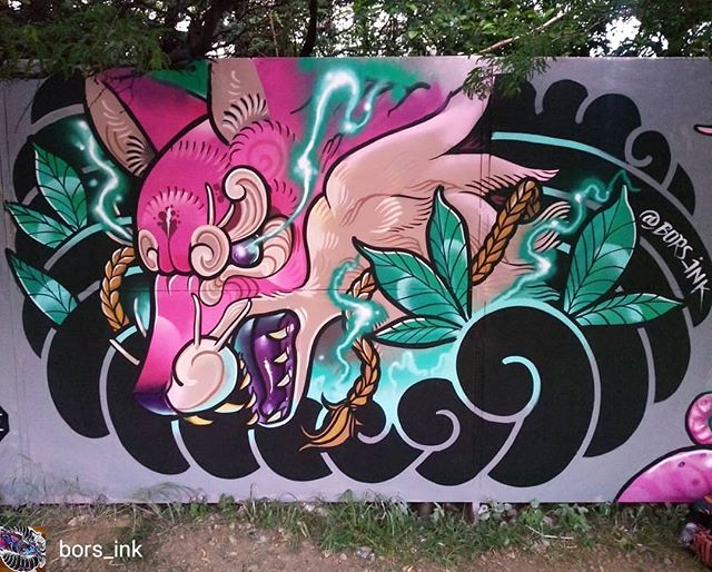 Repost de @bors_ink -  Festival Atacarte /#streetart #graffiti #spray #neotraditional #neotradi #street #art #artwork #fox #oriental #bors #atacartecucuta - @festival_atacarte